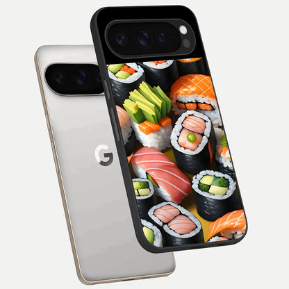  Sushi Food Pattern phone case For Google Pixel 9 Pro showing premium glass back cover with detailed artwork