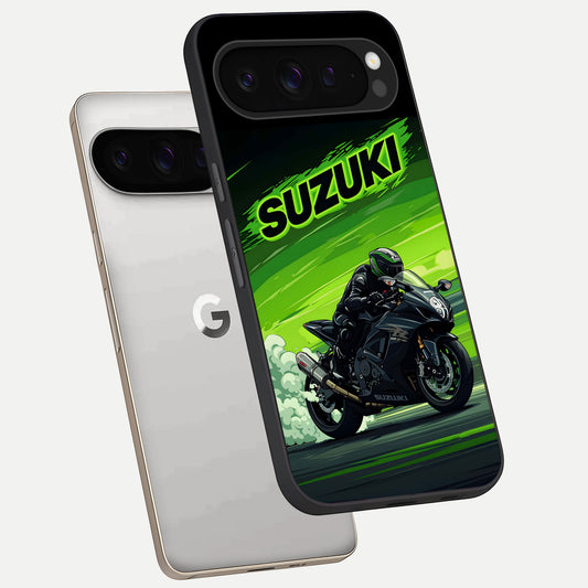  Suzuki Speed Beast phone case For Google Pixel 9 Pro showing premium glass back cover with detailed artwork
