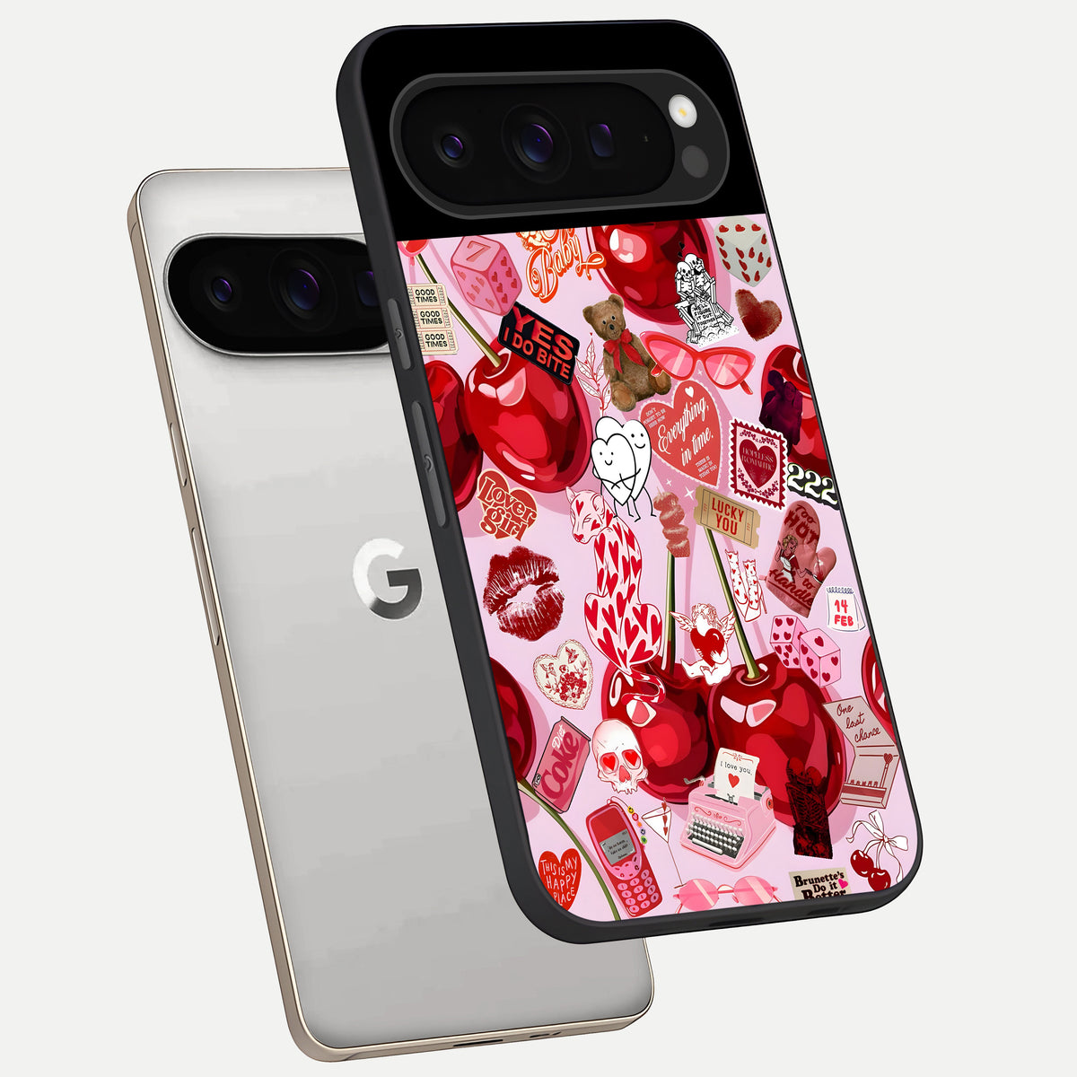  Sweet Cherry Chaos phone case For Google Pixel 9 Pro showing premium glass back cover with detailed artwork