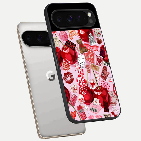  Sweet Cherry Chaos phone case For Google Pixel 9 Pro showing premium glass back cover with detailed artwork