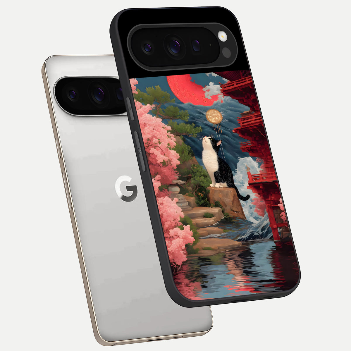  Temple Cat Scenery phone case For Google Pixel 9 Pro showing premium glass back cover with detailed artwork