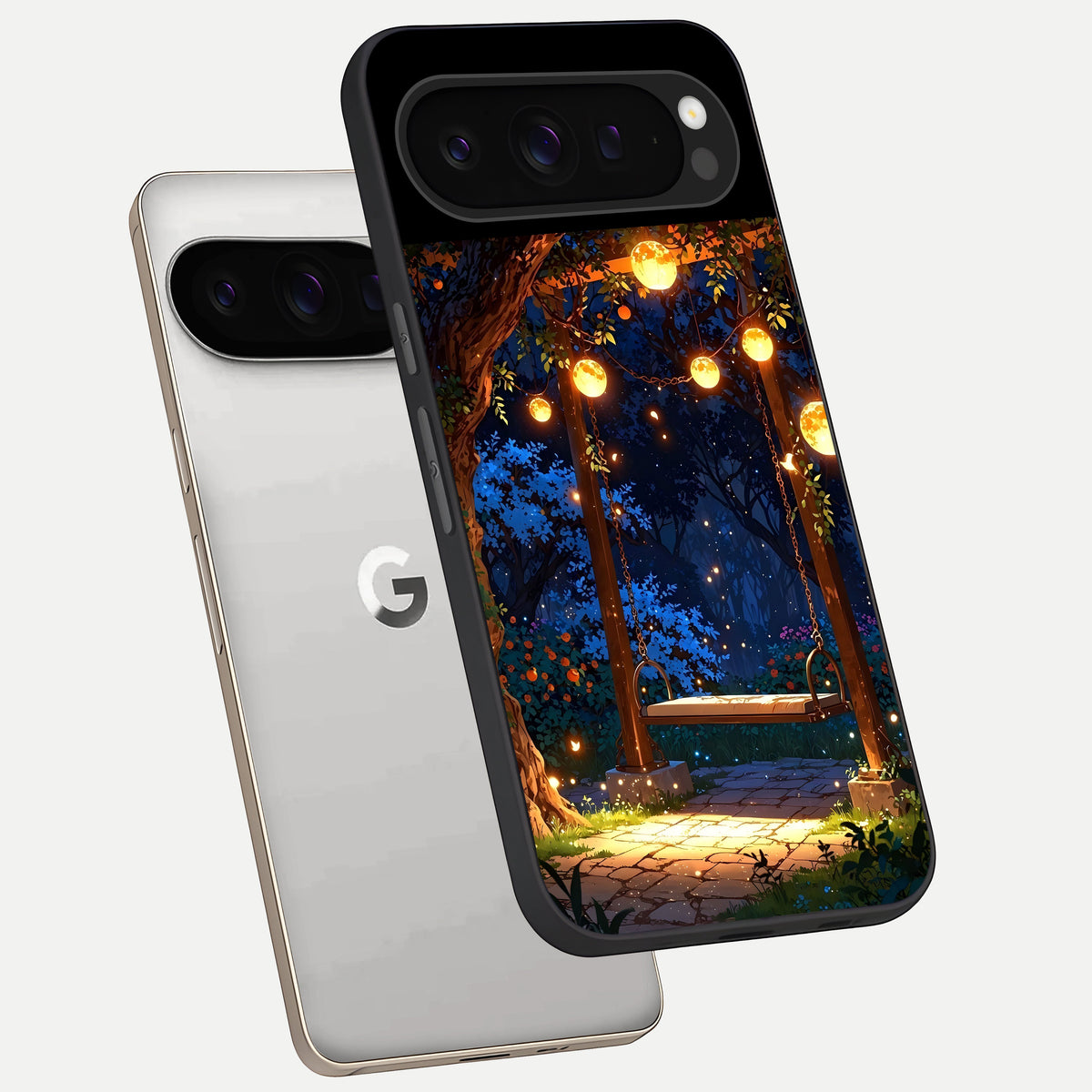  Twilight Garden Swing phone case For Google Pixel 9 Pro showing premium glass back cover with detailed artwork