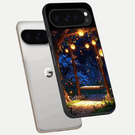  Twilight Garden Swing phone case For Google Pixel 9 Pro showing premium glass back cover with detailed artwork