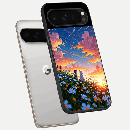  Two Cats Friends phone case For Google Pixel 9 Pro showing premium glass back cover with detailed artwork
