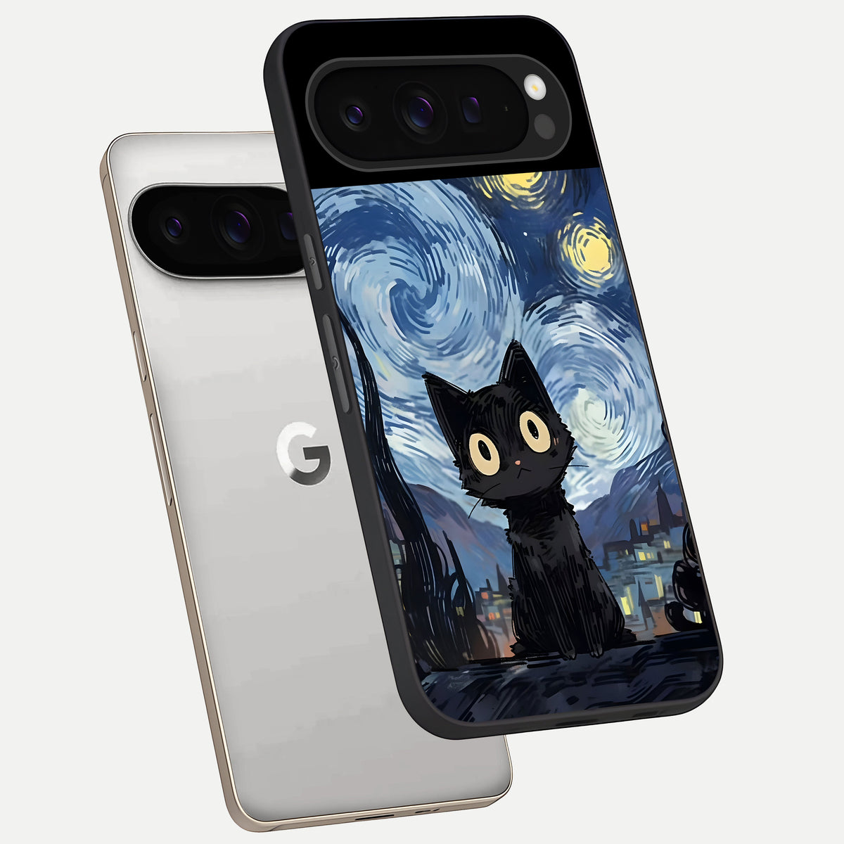  Van Gogh Cat phone case For Google Pixel 9 Pro showing premium glass back cover with detailed artwork