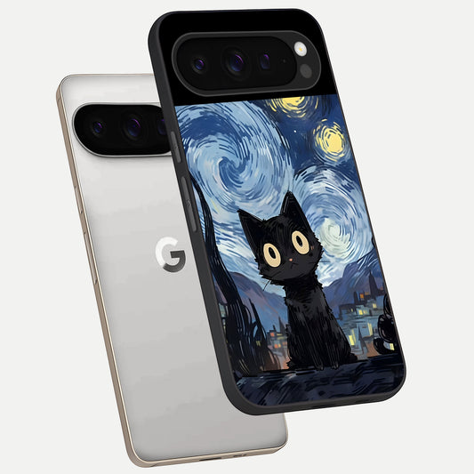  Van Gogh Cat phone case For Google Pixel 9 Pro showing premium glass back cover with detailed artwork