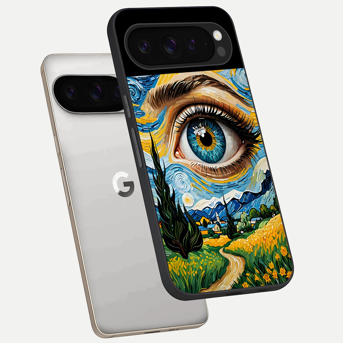  Van Gogh Eye phone case For Google Pixel 9 Pro showing premium glass back cover with detailed artwork