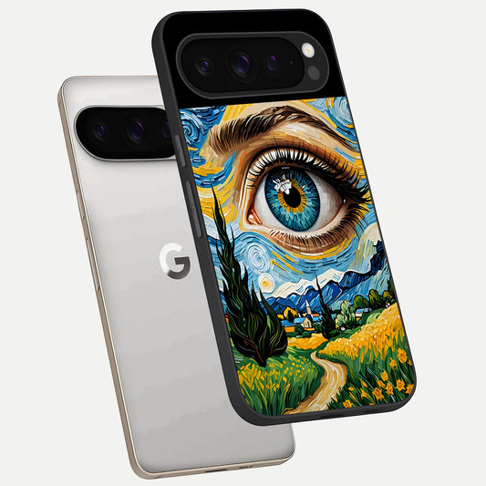  Van Gogh Eye phone case For Google Pixel 9 Pro showing premium glass back cover with detailed artwork