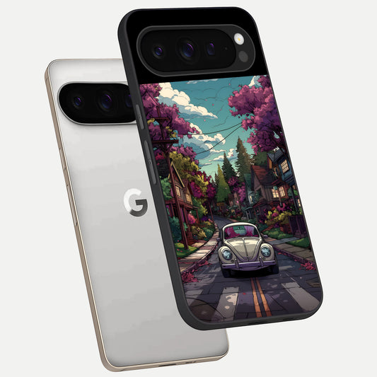  Vintage Street Drive phone case For Google Pixel 9 Pro showing premium glass back cover with detailed artwork