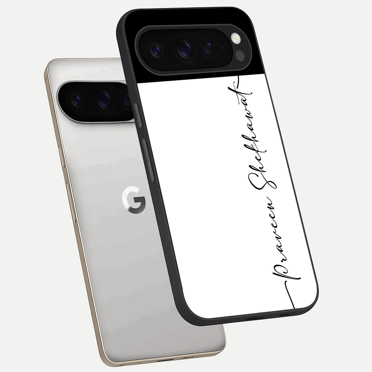  White Tune Custom Name phone case For Google Pixel 9 Pro showing premium custom name glass back cover