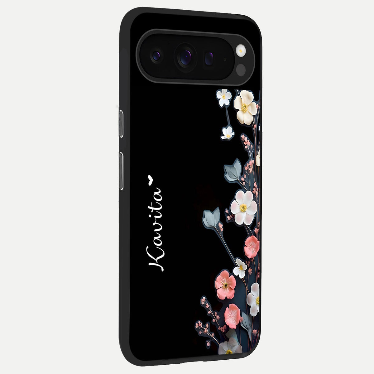  Black Elegance Floral Custom Name back cover For Google Pixel 9 Pro slim fit glass case with vibrant aesthetic design