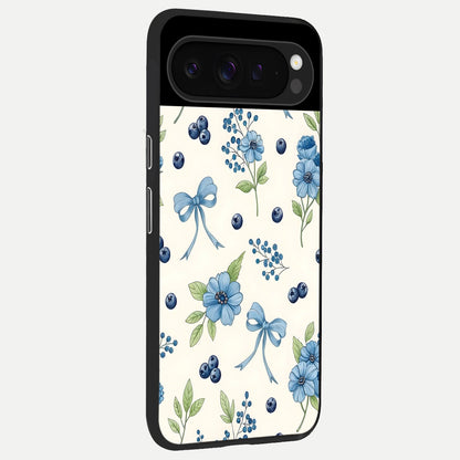  Blue Flower And Bow back cover For Google Pixel 9 Pro slim fit glass case with vibrant aesthetic design