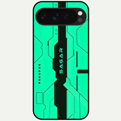  Aqua Tech CYBERPUNK Custom Name Glass Case For Google Pixel 9 Pro XL back cover – full design glossy printed glass finish