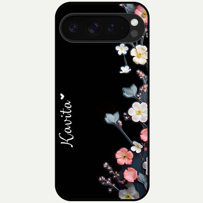  Black Elegance Floral Custom Name Glass Case For Google Pixel 9 Pro XL back cover – full design glossy printed glass finish