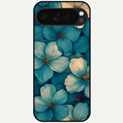  Blue Shade Floral Glass Case For Google Pixel 9 Pro XL back cover – full design glossy printed glass finish