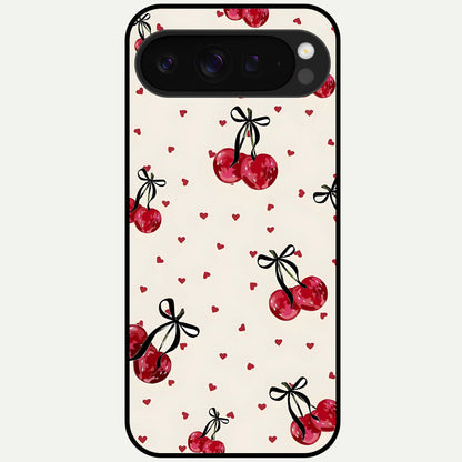  Cherry Heart Bow Glass Case For Google Pixel 9 Pro XL back cover – full design glossy printed glass finish