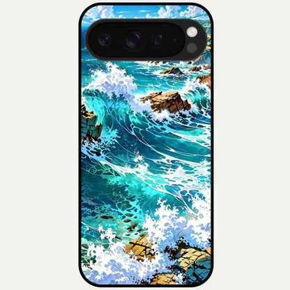  Coastal Blue Waves Glass Case For Google Pixel 9 Pro XL back cover – full design glossy printed glass finish