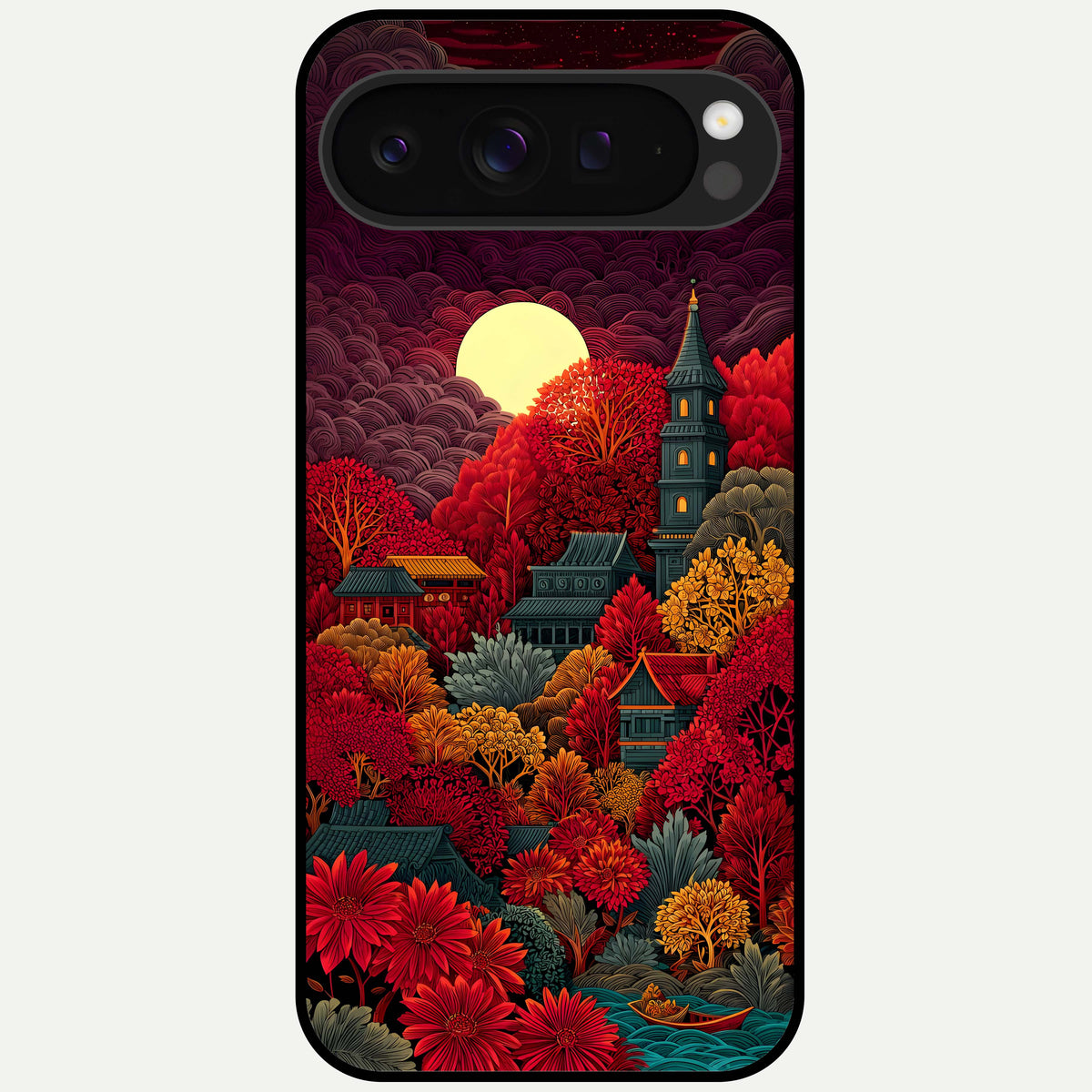  Scarlet Autumn Temple Glass Case For Google Pixel 9 Pro XL back cover – full design glossy printed glass finish