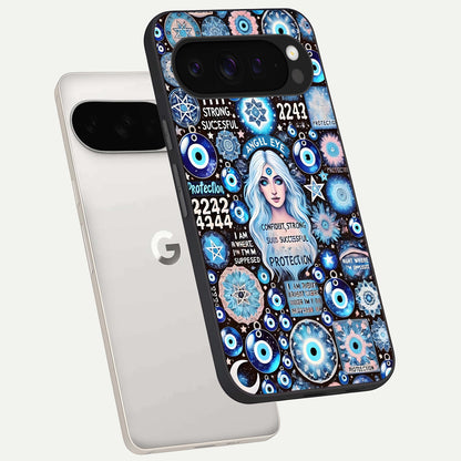  Angel Aura Shield phone case For Google Pixel 9 Pro XL showing premium glass back cover with detailed artwork