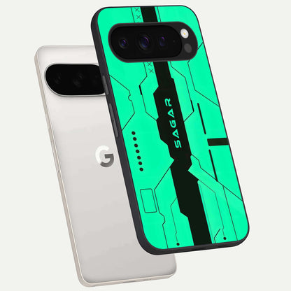  Aqua Tech CYBERPUNK Custom Name phone case For Google Pixel 9 Pro XL showing premium glass back cover with detailed artwork