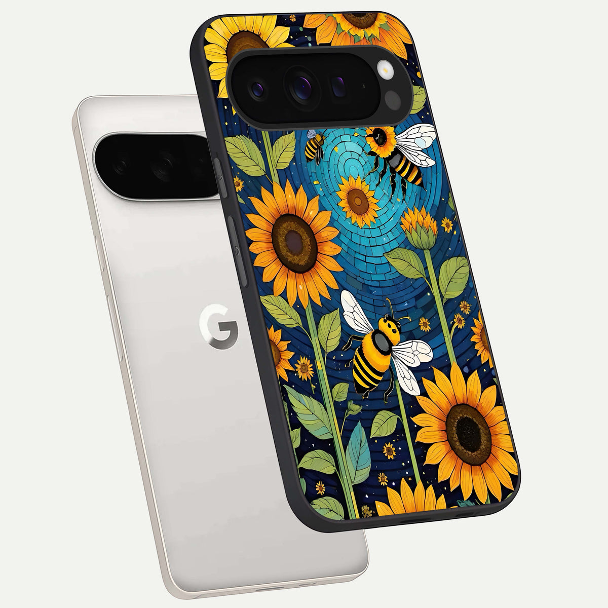  Bees And Sunflowers phone case For Google Pixel 9 Pro XL showing premium glass back cover with detailed artwork
