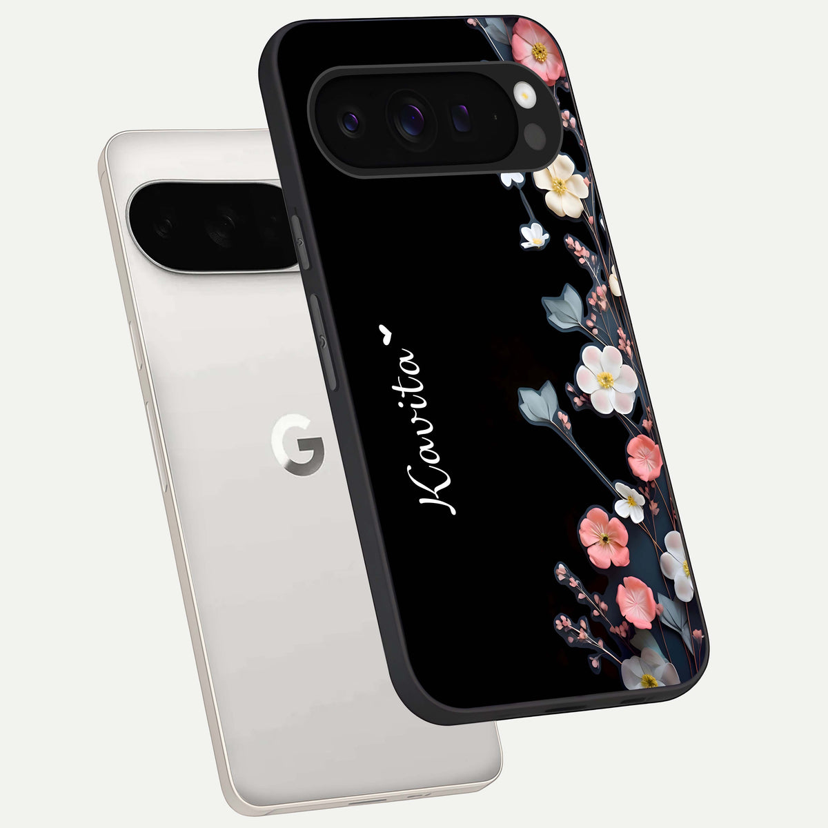  Black Elegance Floral Custom Name phone case For Google Pixel 9 Pro XL showing premium glass back cover with detailed artwork