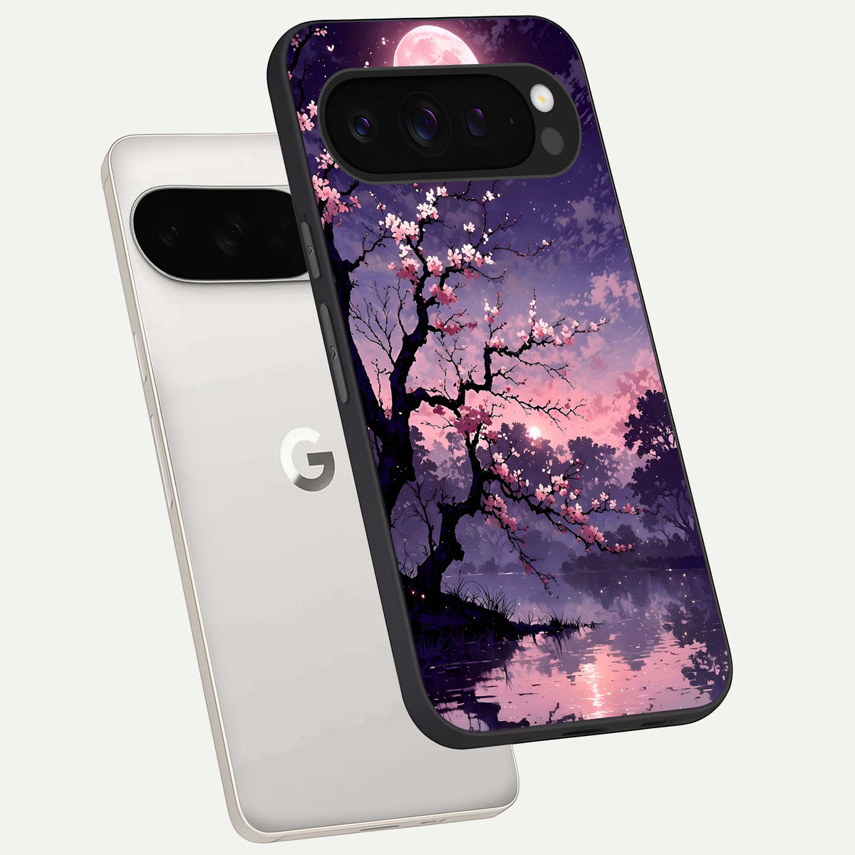  Blossom Pink Moon phone case For Google Pixel 9 Pro XL showing premium glass back cover with detailed artwork