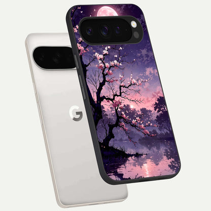  Blossom Pink Moon phone case For Google Pixel 9 Pro XL showing premium glass back cover with detailed artwork