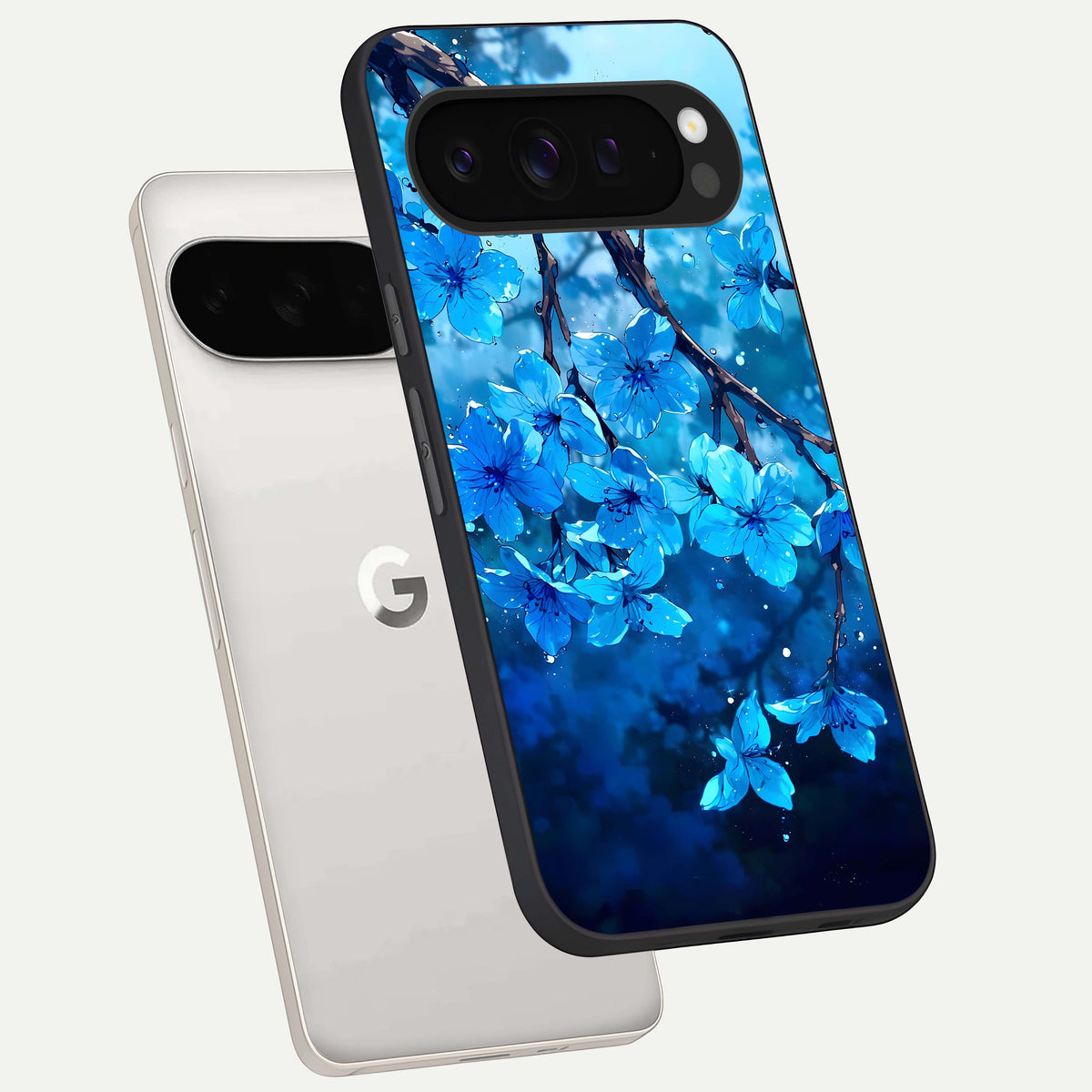  Blue Blossoms Branch phone case For Google Pixel 9 Pro XL showing premium glass back cover with detailed artwork