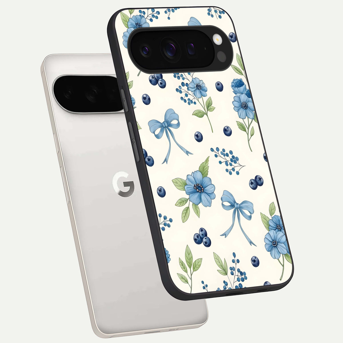  Blue Flower And Bow phone case For Google Pixel 9 Pro XL showing premium glass back cover with detailed artwork