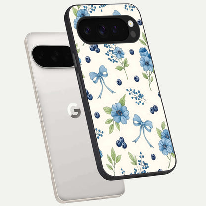  Blue Flower And Bow phone case For Google Pixel 9 Pro XL showing premium glass back cover with detailed artwork