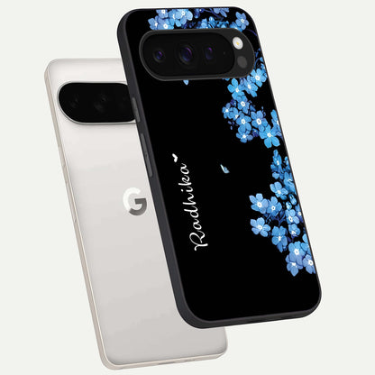  Blue Petal Dream Custom Name phone case For Google Pixel 9 Pro XL showing premium glass back cover with detailed artwork