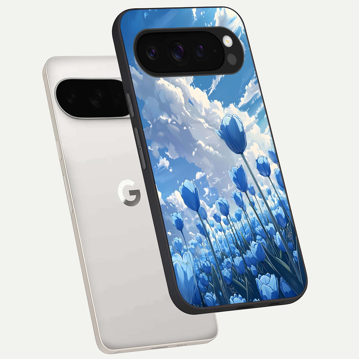  Blue Tulip Clouds phone case For Google Pixel 9 Pro XL showing premium glass back cover with detailed artwork