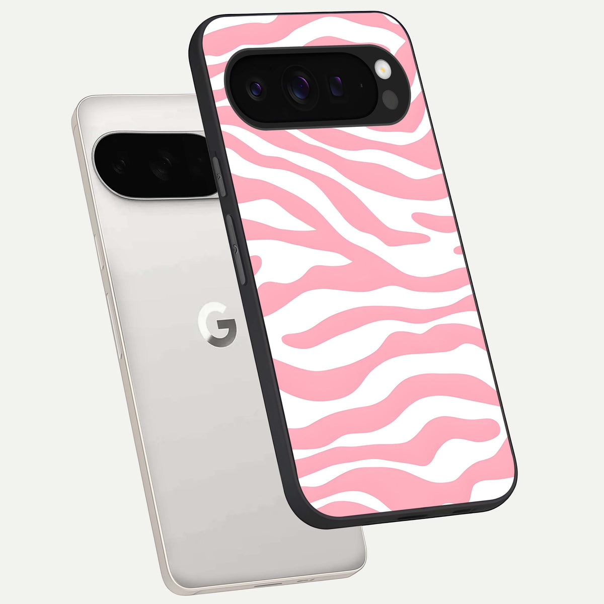  Blush Zebra Flow phone case For Google Pixel 9 Pro XL showing premium glass back cover with detailed artwork