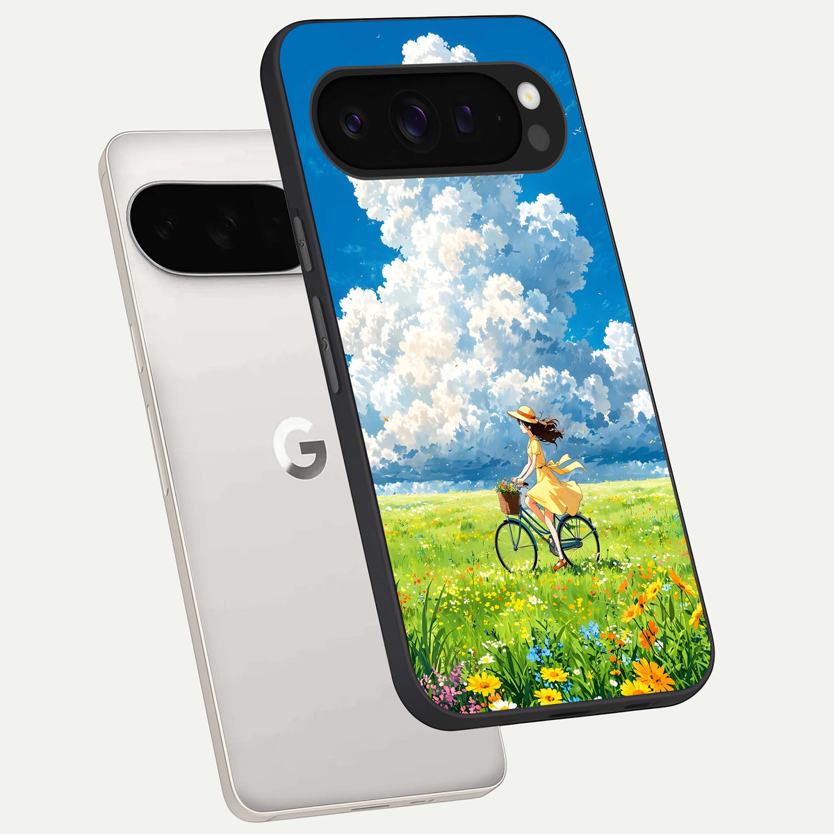  Breezy Meadow Ride phone case For Google Pixel 9 Pro XL showing premium glass back cover with detailed artwork