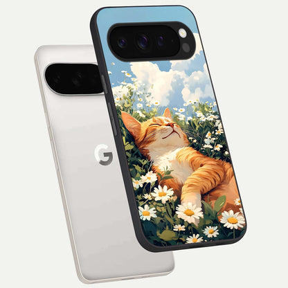  Cat And Flowers View phone case For Google Pixel 9 Pro XL showing premium glass back cover with detailed artwork