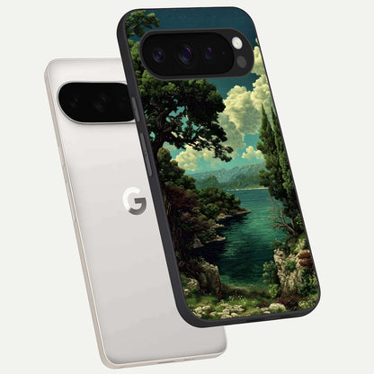  Celestial Lake Peace phone case For Google Pixel 9 Pro XL showing premium glass back cover with detailed artwork