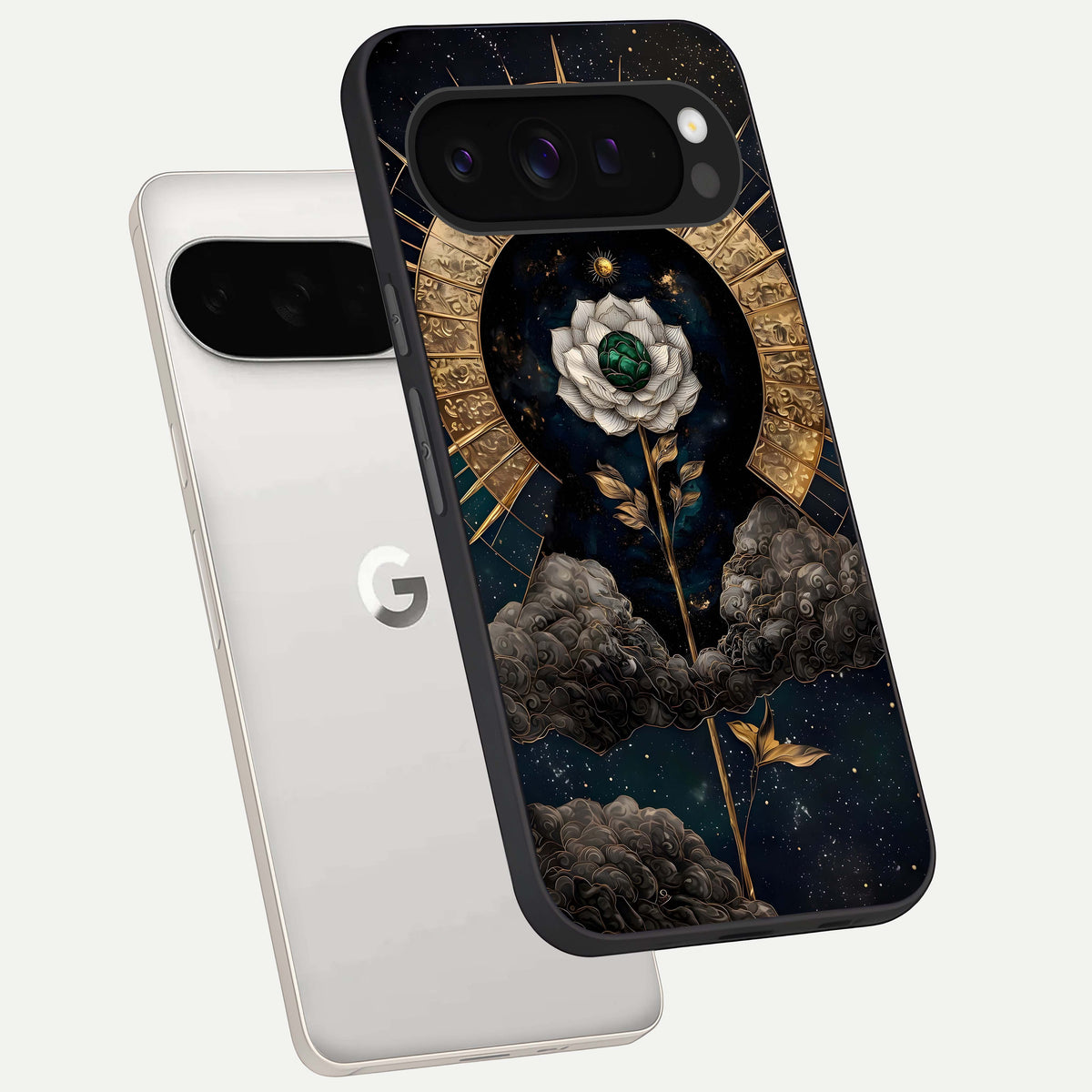  Celestial Lotus Morang phone case For Google Pixel 9 Pro XL showing premium glass back cover with detailed artwork