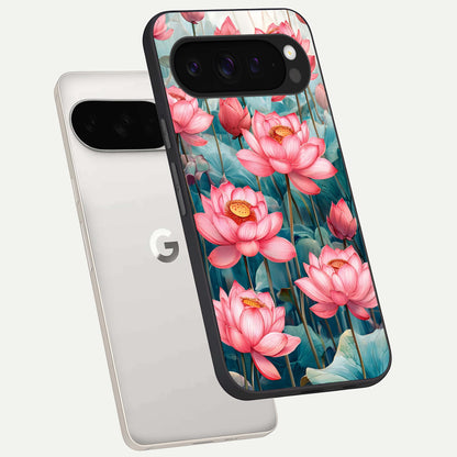  Celestial Pink Lotus phone case For Google Pixel 9 Pro XL showing premium glass back cover with detailed artwork