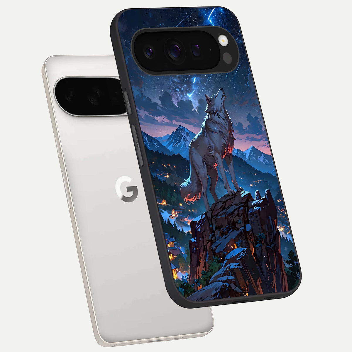  Celestial Wolf Howl phone case For Google Pixel 9 Pro XL showing premium glass back cover with detailed artwork