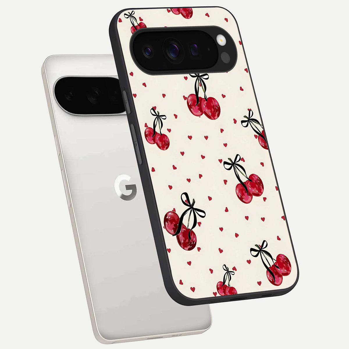  Cherry Heart Bow phone case For Google Pixel 9 Pro XL showing premium glass back cover with detailed artwork