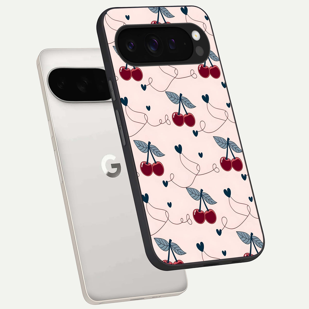  Cherry Heart Line phone case For Google Pixel 9 Pro XL showing premium glass back cover with detailed artwork
