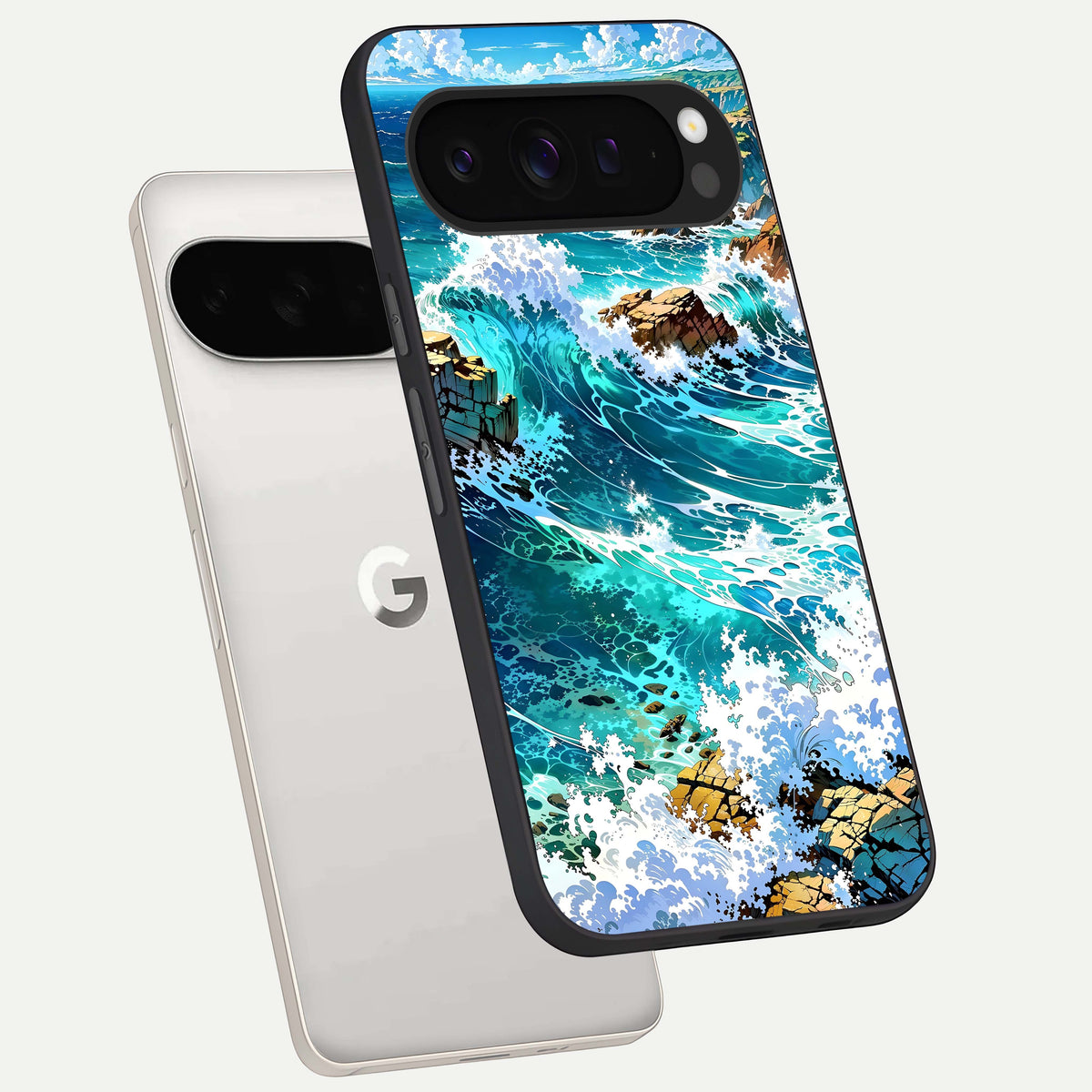  Coastal Blue Waves phone case For Google Pixel 9 Pro XL showing premium glass back cover with detailed artwork