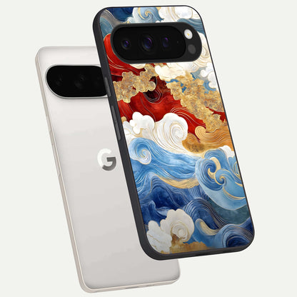  Colored Waves phone case For Google Pixel 9 Pro XL showing premium glass back cover with detailed artwork