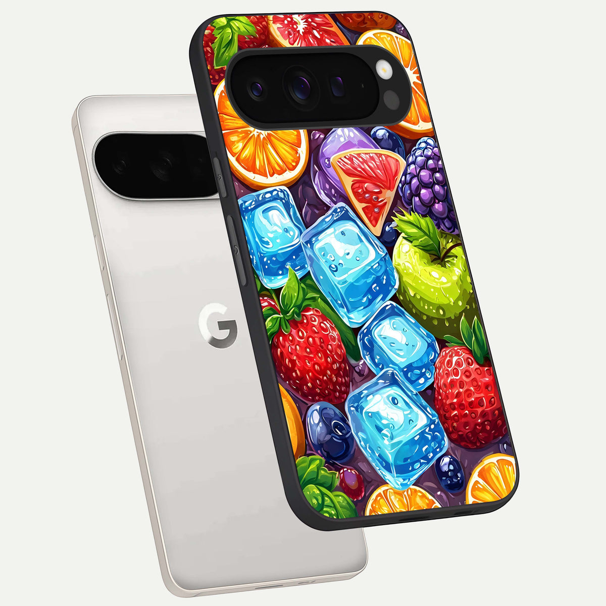  Colorful Fruits with Ice phone case For Google Pixel 9 Pro XL showing premium glass back cover with detailed artwork