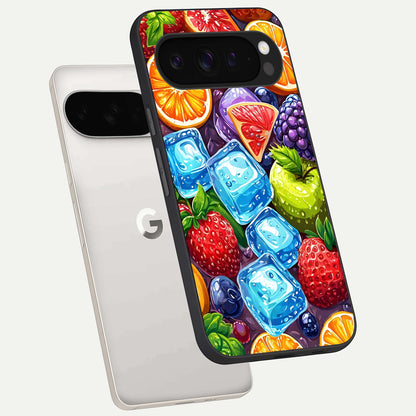  Colorful Fruits with Ice phone case For Google Pixel 9 Pro XL showing premium glass back cover with detailed artwork