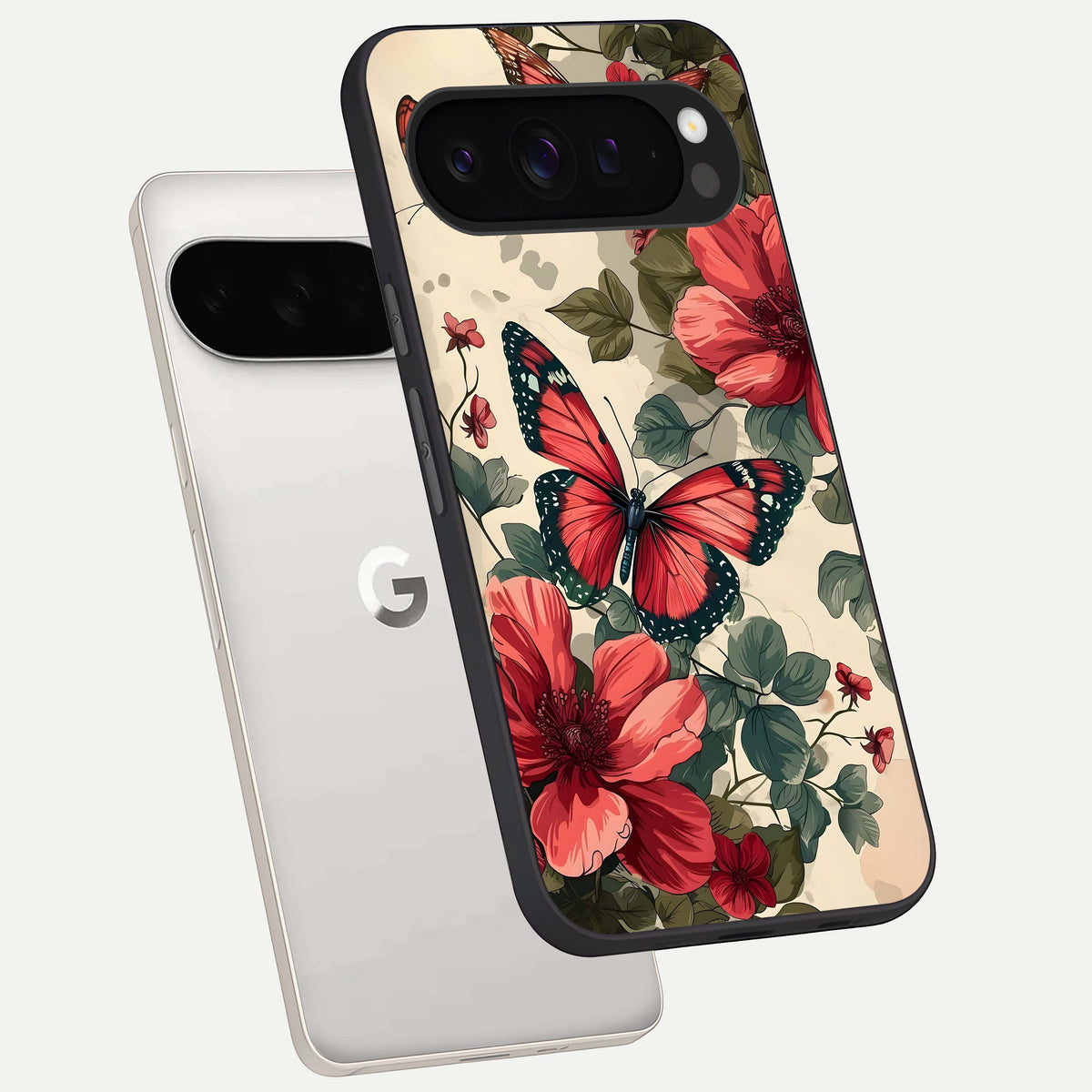  Crimson Butterfly Garden phone case For Google Pixel 9 Pro XL showing premium glass back cover with detailed artwork