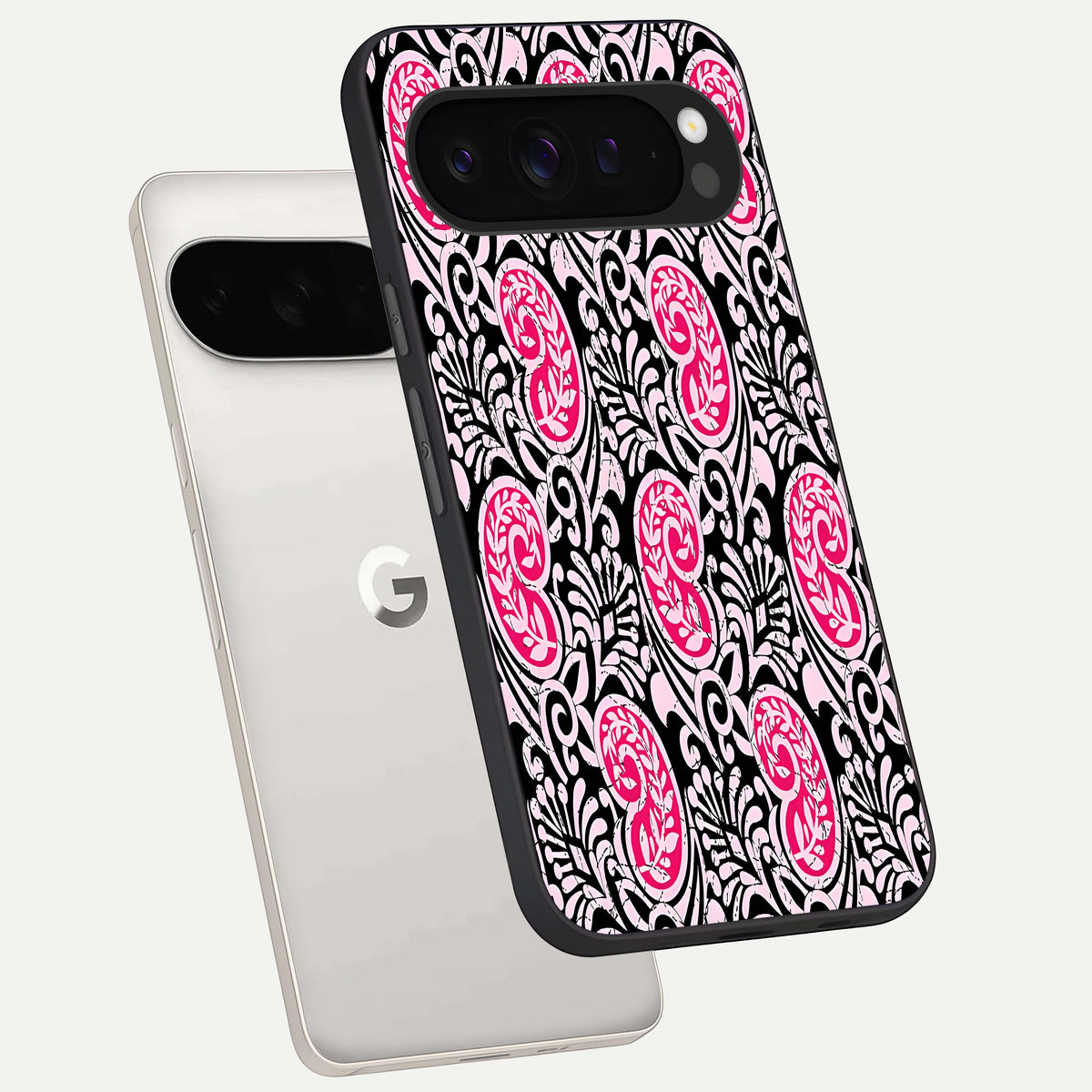  Crimson Paisley Charm phone case For Google Pixel 9 Pro XL showing premium glass back cover with detailed artwork