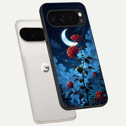  Crimson Rose Moon phone case For Google Pixel 9 Pro XL showing premium glass back cover with detailed artwork