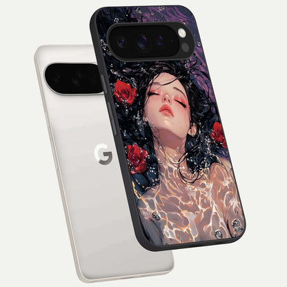  Crimson Rose Serenity phone case For Google Pixel 9 Pro XL showing premium glass back cover with detailed artwork